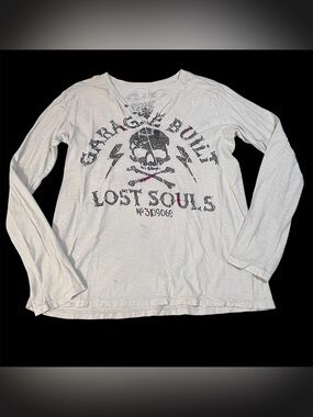 Affliction Cream Lost Souls Skull Graphic Long Sleeve Tee